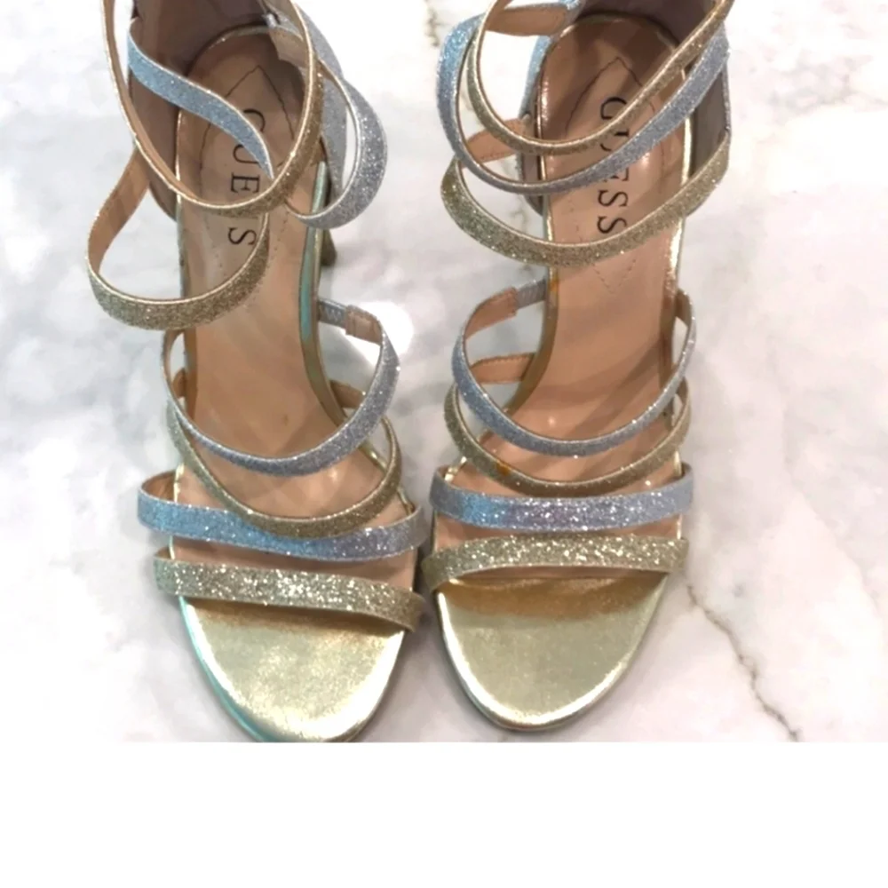 Guess Strappy Pumps Gold & Silver Straps  Stiletto Heels sz 8M